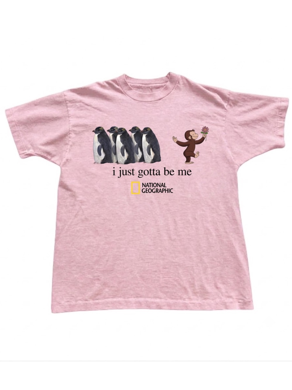 Gildan Light Pink Graphic Tee with Penguins & Monkey